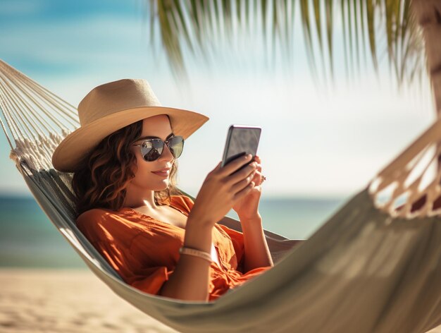 Ontspannen toerist bij het strand met een mobiele telefoon