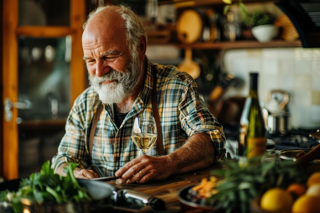 Ontspannen volwassen man met baard die een glas witte wijn proeft terwijl hij in de keuken kookt