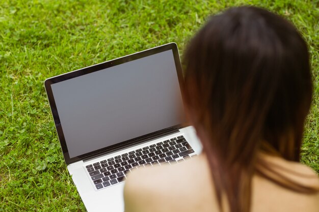 Ontspannen vrouw die laptop in park met behulp van