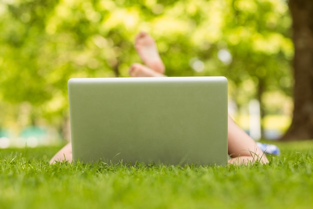 Ontspannen vrouw die laptop in park met behulp van