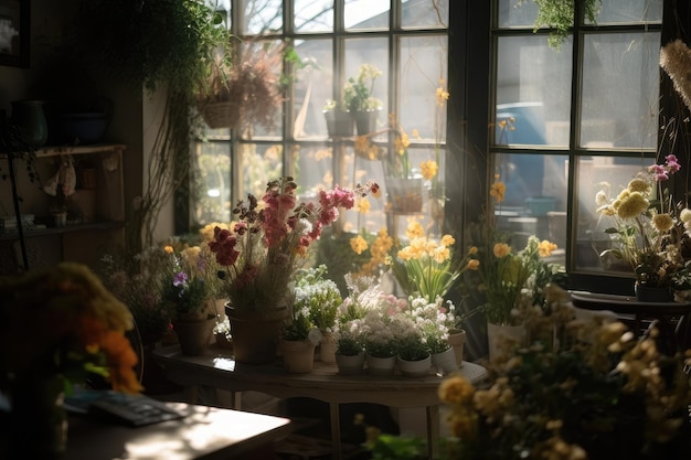 Ontspannende dag in de bloemenwinkel met zonlicht dat naar binnen stroomt en vogels buiten fluiten