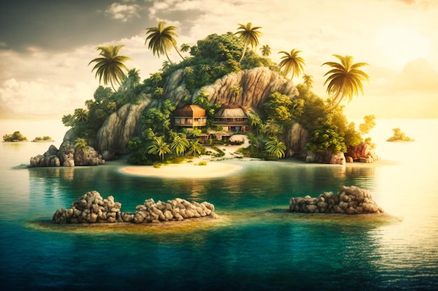 Ontspannende en vredige eilandontsnappingen met wit zand van palmbomen en kristalhelder water