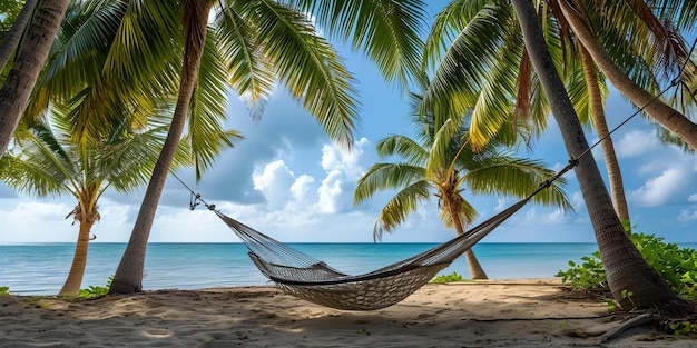 Ontspannende tropische strand scène met hangmat tussen palmbomen perfecte vakantie achtergrond serene en vreedzame AI
