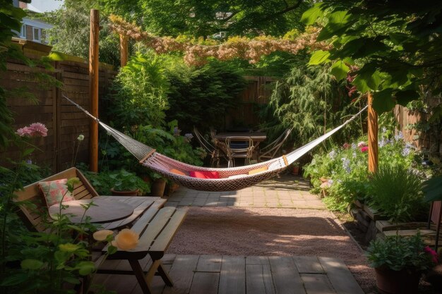 Ontspannende tuin met hangmat en terrastafel om 's middags te lezen, gecreëerd met generatieve AI