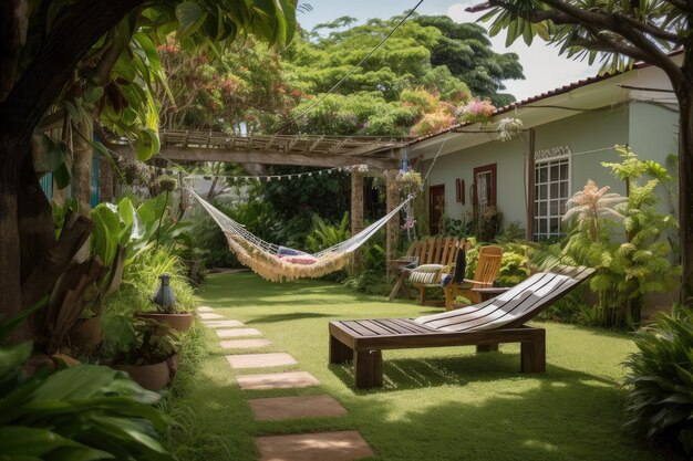 Ontspannende tuin met hangmat en terrastafel om 's middags te lezen