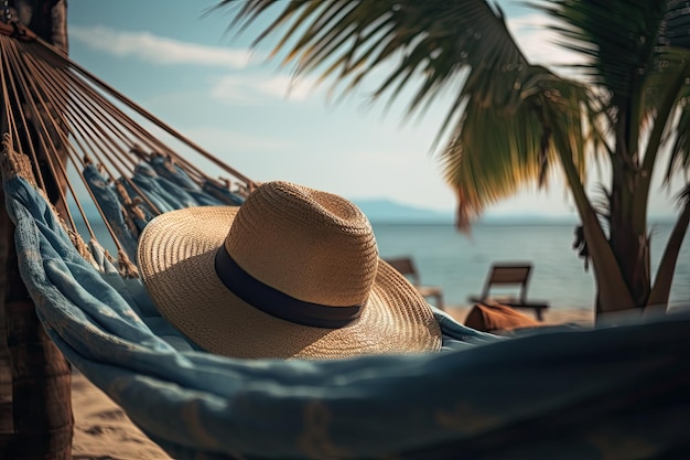 Ontspannende vakantie aan zee in een hangmat met hoed en palm