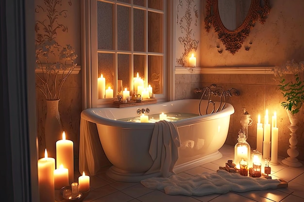 Ontspanning romantisch bad in de badkamer met kaarsen gemaakt met generatieve ai
