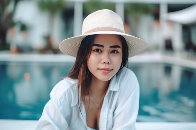 Ontspant de portret mooie jonge aziatische vrouw glimlachvrije tijd rond openluchtzwembad in hotelresor