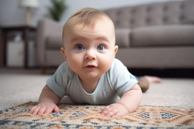 Ontsproten van een aanbiddelijke babyjongen die op een tapijt ligt