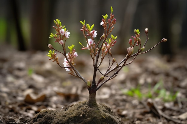 Ontspruitende boom in het voorjaar met nieuwe bladeren en bloesems gemaakt met generatieve ai