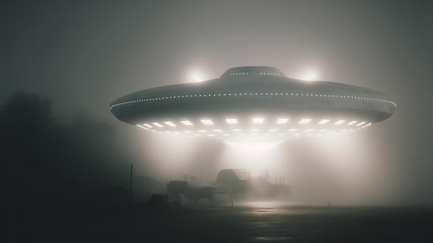 Ontvoering door buitenaardse wezens concept vliegende UFO-schotel over landstructuren op mistige nacht met brede lichtstralen neuraal netwerk gegenereerde kunst