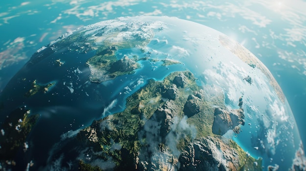 Ontwerp een denkbeeldige illustratie van de aarde vanuit een achteruitzichtperspectief die een futuristisch supercontinent toont dat is gevormd