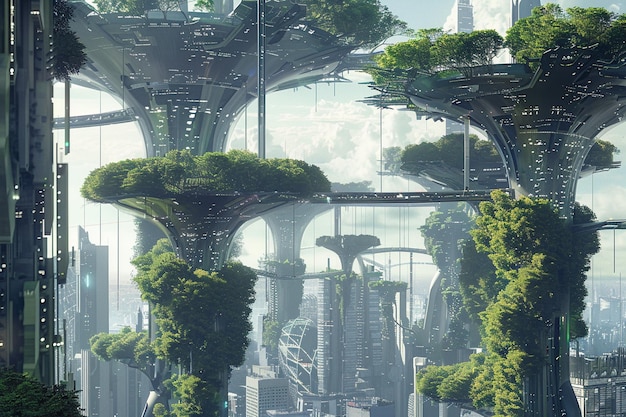 Ontwerp een futuristisch stadsbeeld met massieve treelik generatieve ai