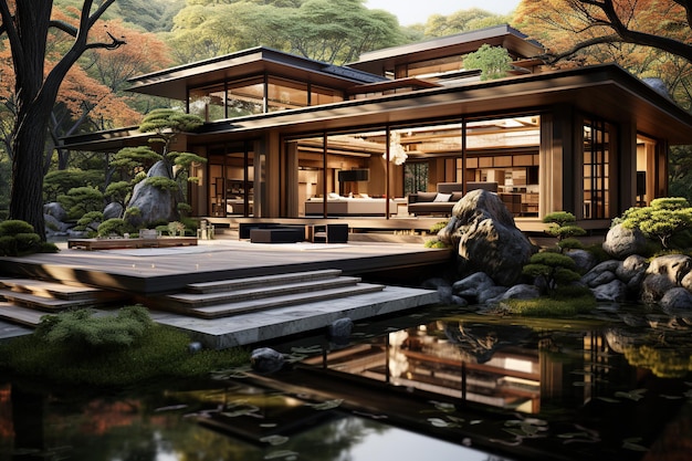 Ontwerp een modern huis in Japanse stijl met strakke lijnen, traditionele materialen zoals hout en tatami