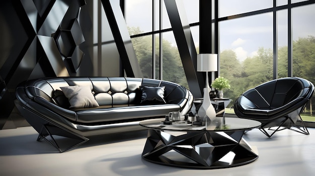 Ontwerp een moderne woonkamer met een slanke zwarte lederen bank, een glazen koffietafel en een opvallend geometrisch tapijt.