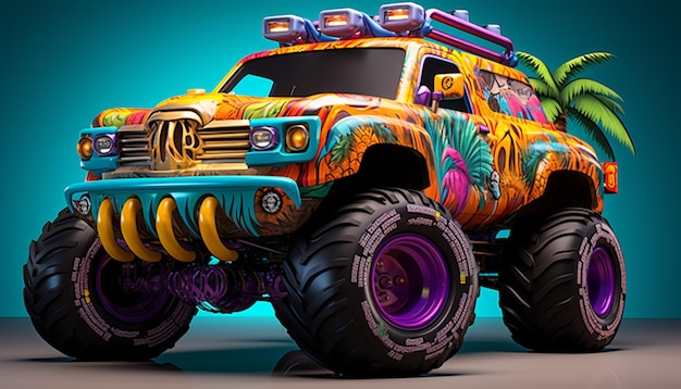 Ontwerp een monster truck met een tropisch paradijs thema Gebruik levendige kleuren tiki maskers en surfboards als onderdeel van het ontwerp van de truck het creëren van een leuke en strand sfeer 52