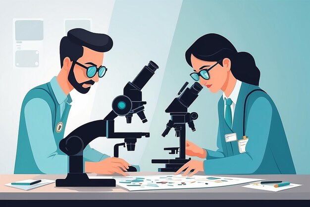 Ontwerp een platte illustratie van studenten die geavanceerde microscopen gebruiken voor forensische analyse