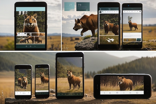 Foto ontwerp een reeks smartphone mockups voor een wildlife fotografie blog presentatie apparaten in zowel landschap en portret oriëntaties met aanpasbare wildlife fotografie portfolio op de schermen