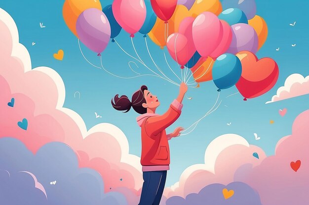 Ontwerp een vector van een persoon die ballonnen in de lucht laat vrij.