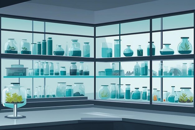 Ontwerp een vectorgrafiek van een biologie-laboratorium met monsters onder glazen vitrines