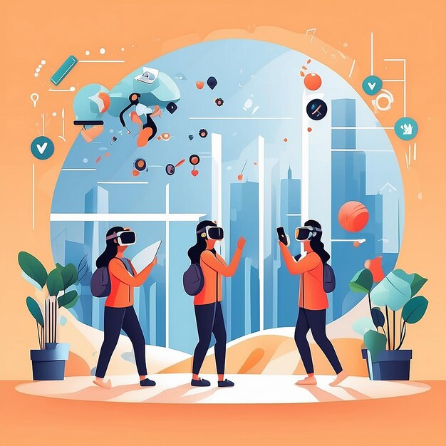 Foto ontwerp een vectorgrafiek van studenten die vr-technologie gebruiken om wetenschappelijke concepten te verkennen in een virtuele omgeving vectorillustratie in vlakke stijl