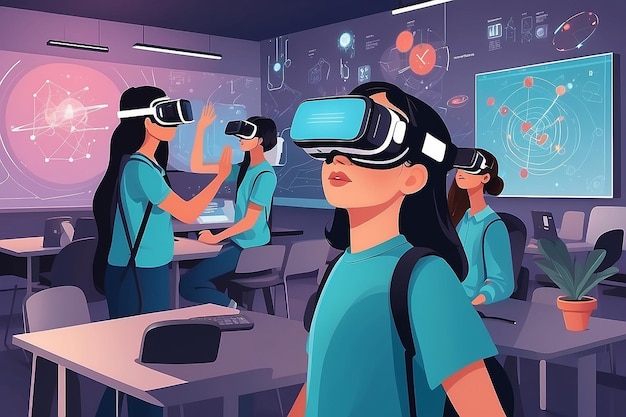 Ontwerp een vectorgrafiek van studenten die VR-technologie gebruiken om wetenschappelijke concepten te verkennen in een virtuele omgeving vectorillustratie in vlakke stijl