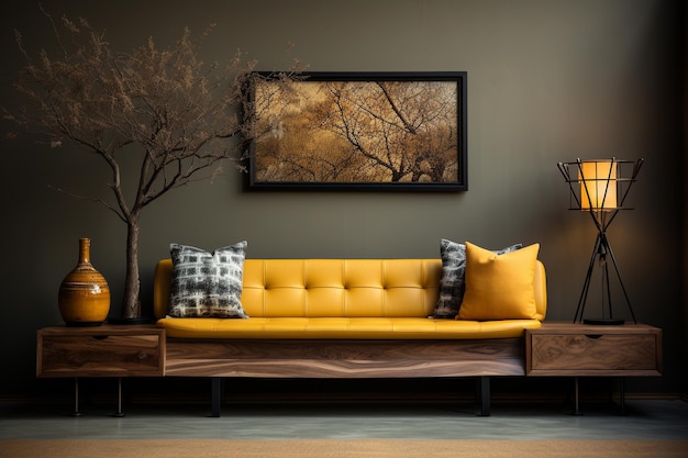 Foto ontwerp gele stoel houten bank tafel lamp op de muur modern huis