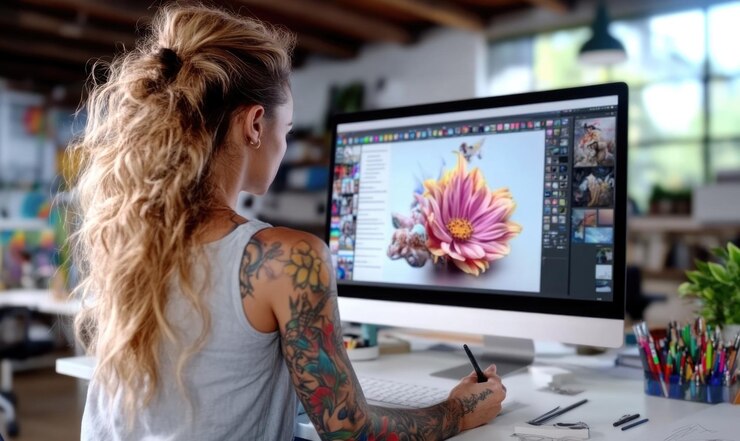 Foto ontwerp in beweging afbeelding van een getatoeëerd grafisch ontwerper meisje bezig met creatief proces bij de computer e mengeling van hedendaagse ontwerptools en individualiteit van haar artistieke werkruimte