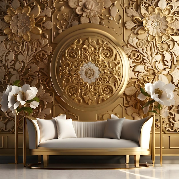 Ontwerp interieur huis woonkamer render Arabische bloemen Golden