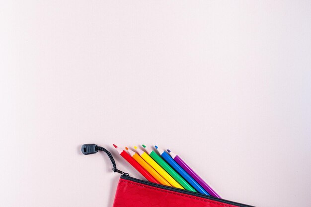 Ontwerp met potloden in de kleuren van de LGBT-vlag die uit een rode etui komen en kopieer de ruimte