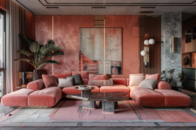 Ontwerp Millennial Pink Art Deco stijl huis interieur en moderne woonkamer