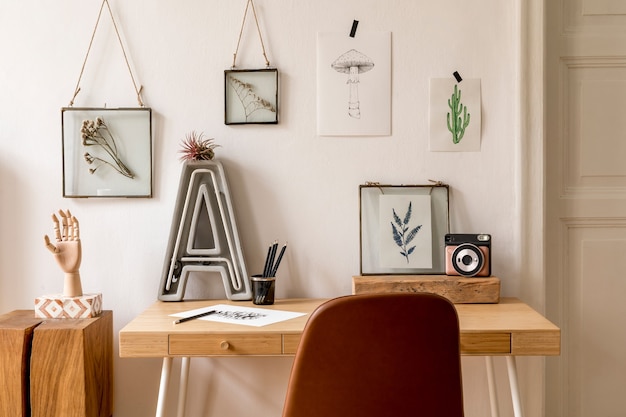 Ontwerp scandinavisch interieur van thuiskantoorruimte met veel fotolijsten, houten bureau, bruine stoel, neonletter, kantoor en persoonlijke accessoires. Stijlvolle neutrale huisstaging.