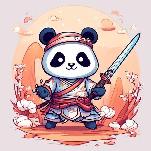 ontwerp tshirt grafische schattige cartoon panda samurai katana zwaard wilding volledige witte kinderstijl