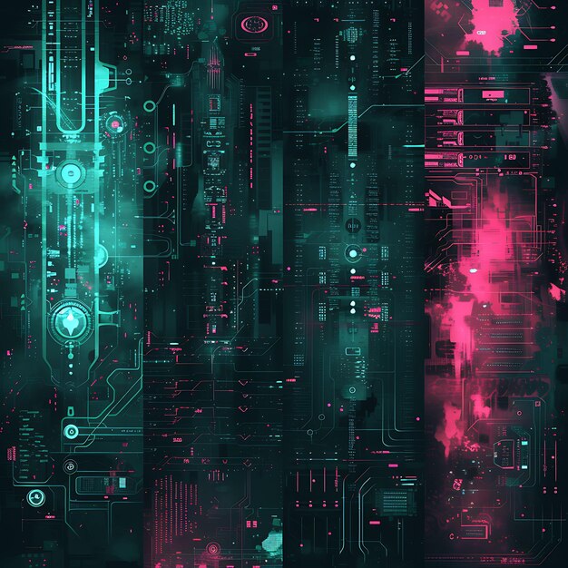 Foto ontwerp van cyberpunk netrunner tournament panel design met glitched co frame neon creatieve ideën