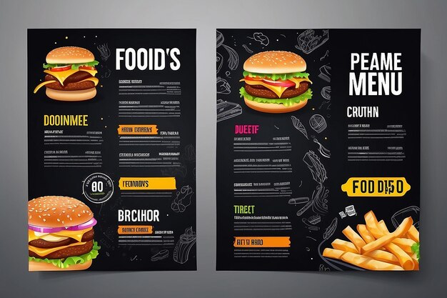 Ontwerp van een fastfoodmenu brochure op een donkere achtergrond vector sjabloon