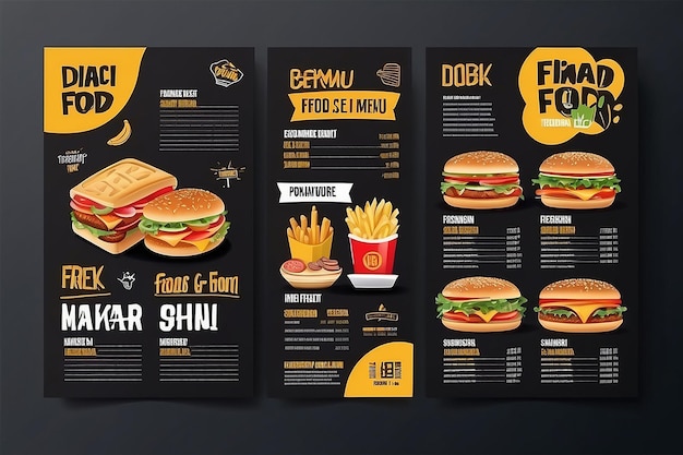 Ontwerp van een fastfoodmenu brochure op een donkere achtergrond vector sjabloon