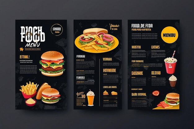 Ontwerp van een fastfoodmenu brochure op een donkere achtergrond vector sjabloon