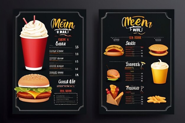 Ontwerp van een fastfoodmenu brochure op een donkere achtergrond vector sjabloon