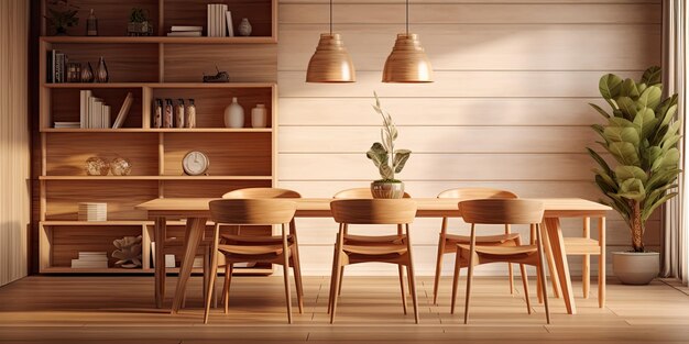 Ontwerp van een gezellige eetkamer met houten meubels
