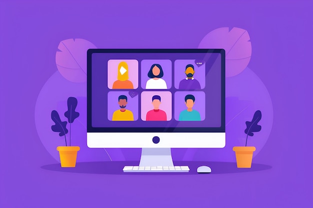Ontwerp van een platte vectorillustratie van een videoconferentie op een computerscherm met pastelkleuren