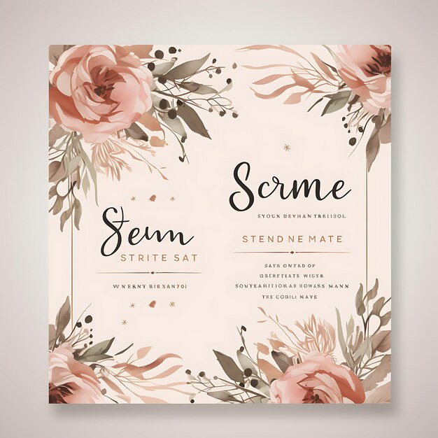 Ontwerp van Rustic Floral Wedding Invitation Card Vierkante vorm Kraft Pap 2D Art Flat Clipart Typo