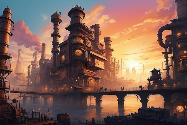 Foto ontwerp van zonsondergang in de stad met een steampunk thema concept van de toekomst van de steampunk fabriek stad abstracte illustratie ontwerp