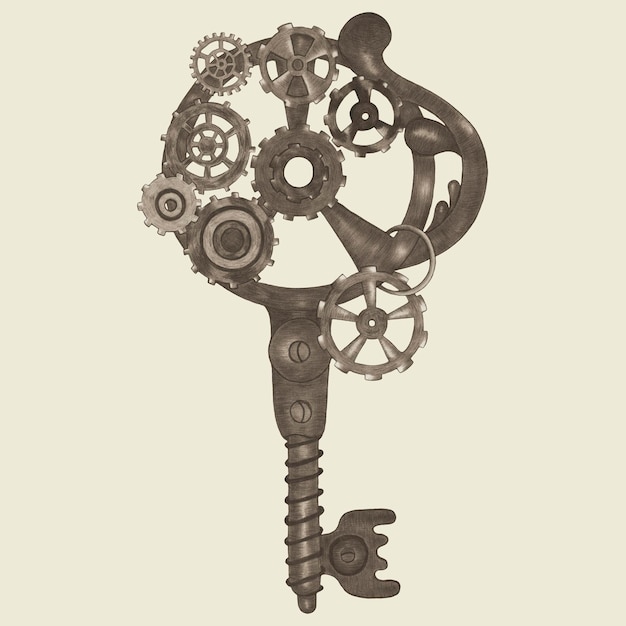 Ontwerpelement Handgetekende illustratie van vintage Steampunk-sleutel geïsoleerd op lichte achtergrond Steampunk-sleutel getekend door kleurpotloden