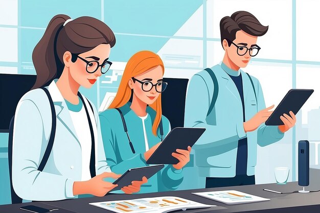 Ontwerpen van een vectorbeeld van studenten met behulp van digitale tablets om experimentele gegevens op te nemen en te analyseren vectorillustratie in platte stijl experimenten