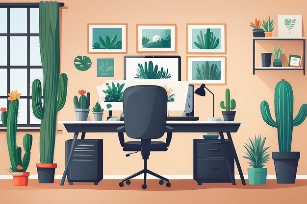 Ontwerper of freelancer werkplek vector platte illustratie Creatieve werkplek met monitor en cactussen op het bureau moodboard stoel