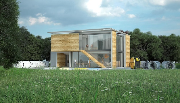 ontwerpers huis met blauwdrukken energiekaart en andere documenten op de bouwplaats