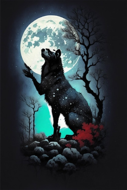 Ontwerptekening voor t-shirt hyena in het bos onder maanlicht afbeelding illustratie