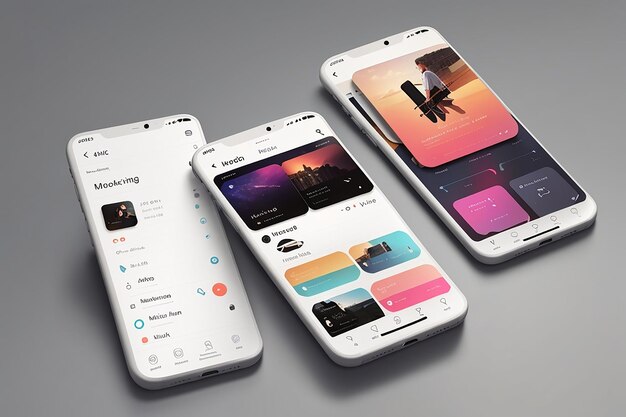 Ontwikkel een mockup voor een muziekstreaming-app met landschapsgeoriënteerde smartphones met aanpasbare afspeellijsten en muziekaanbevelingen op de schermen