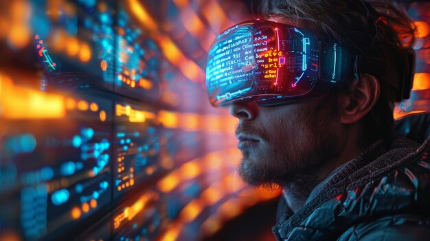 Ontwikkelaar in VR-headset codering programma tekst Programmeur in programmeringsomgeving Futuristisch concept van computertechnologie Man werkt in bril en headset