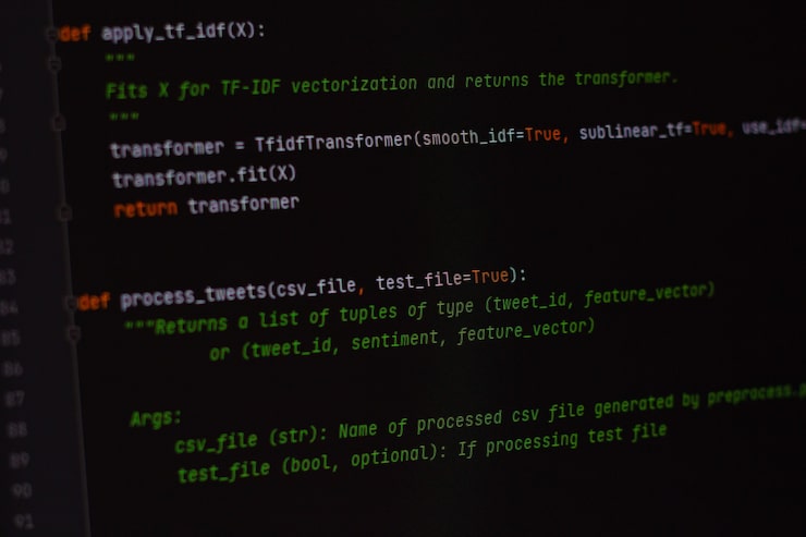 Foto ontwikkelaar python, java script, html, css broncode op beeldscherm. script schrijven van softwareontwikkelaar. programma codering. programmeur code achtergrond bewerken. technologie achtergrond close-up shot.